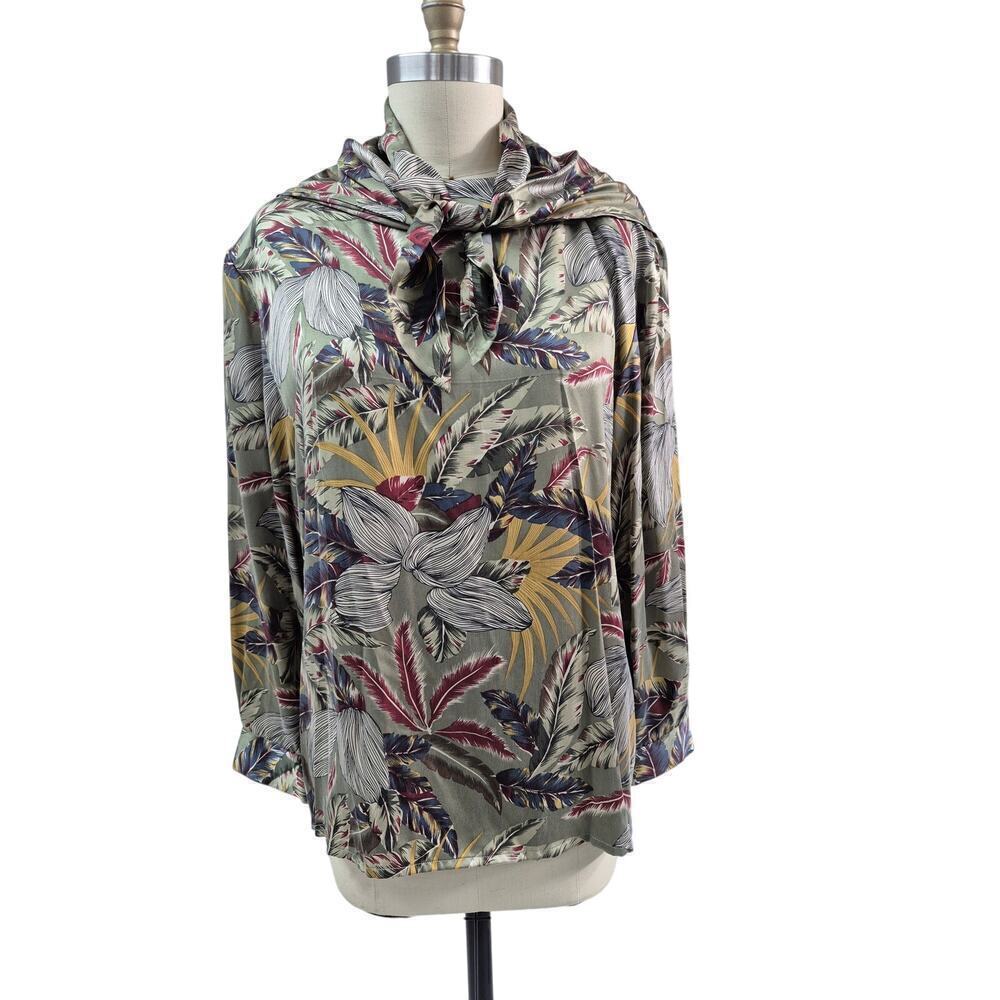 DONCASTER Silks 100% Silk Blouse w/ Detachable scarf Tropical Green Print Sz 16